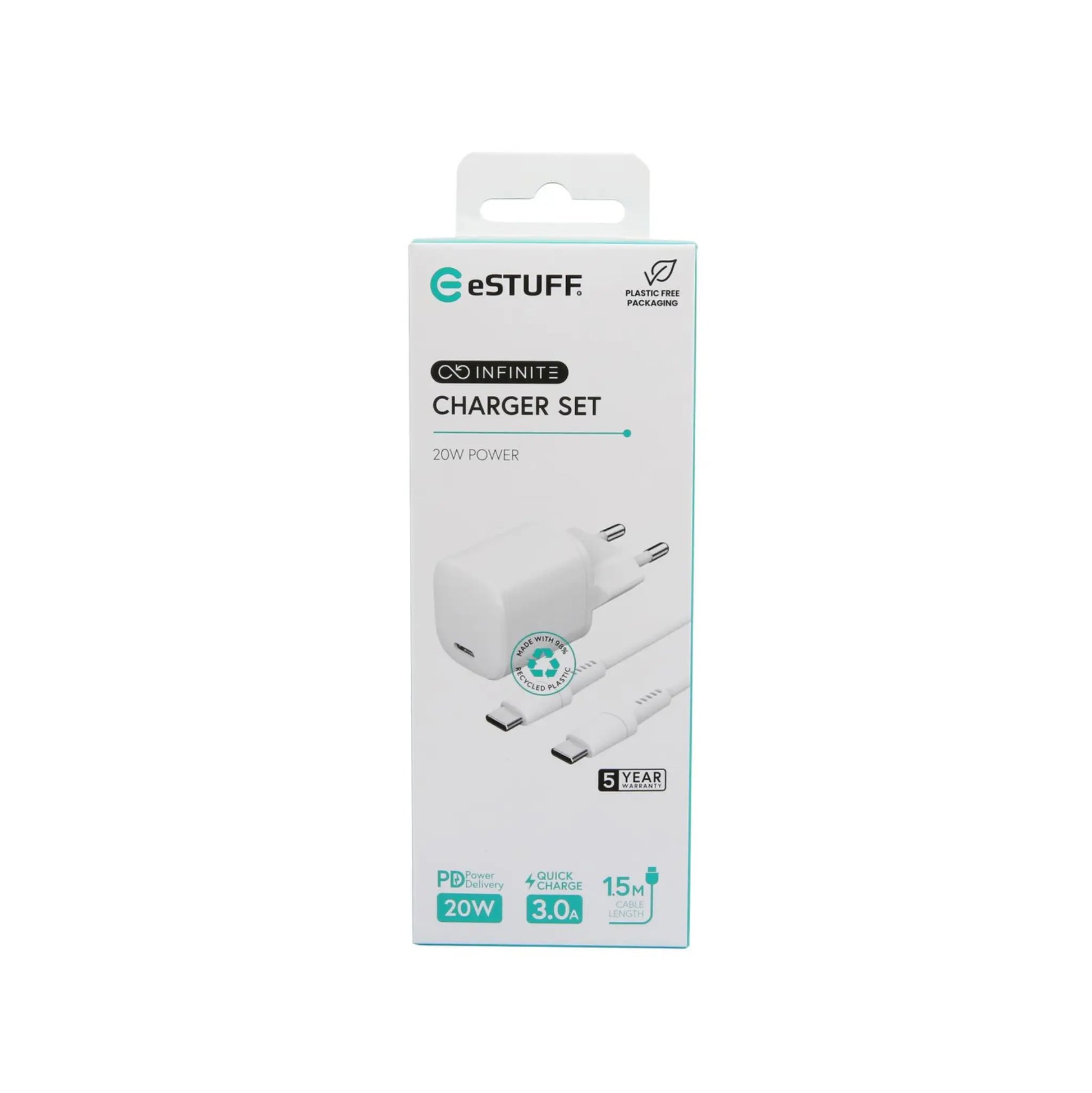 eSTUFF Ladepakke PD 20W EU USB-C til Lightning 1,5m-1